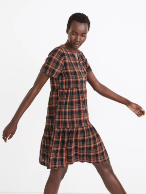 Plaid Faux-wrap Short-sleeve Tiered Mini Dress