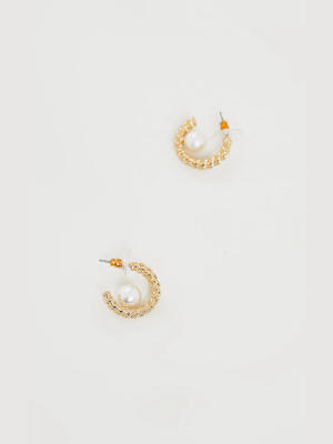 Gold Chain Pearl Hoop Earrings