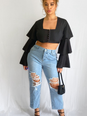 Plus Black Frill Sleeved Crop Top