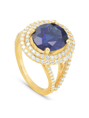 Pompeii3 6 1/5 Ct Huge Diamond Oval Blue Sapphire Diamond Double Halo Ring Yellow Gold