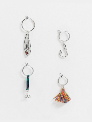 Asos Design 10-15mm Hoop Earring Pack With Fishing Inspired Charms In Silver Tone