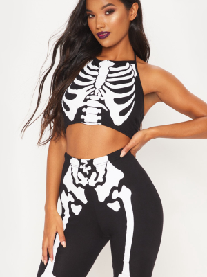 Black Skeleton Printed Halterneck Crop Top