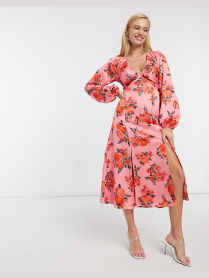 Asos Design Satin Midi Dress With Splits In Rose Floral