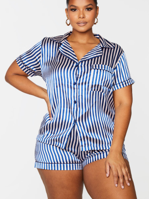 Plus Nude & Navy Striped Button Up Short Pj Set