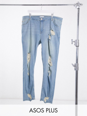 Asos Design Plus Skinny Jeans In Light Blue-green Cast Wash With Heavy Rips