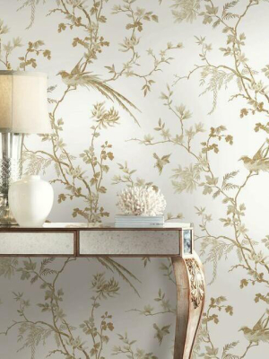 Bird And Blossom Chinoserie Wallpaper In White And Gold From The Ronald Redding 24 Karat Collection By York Wallcoverings