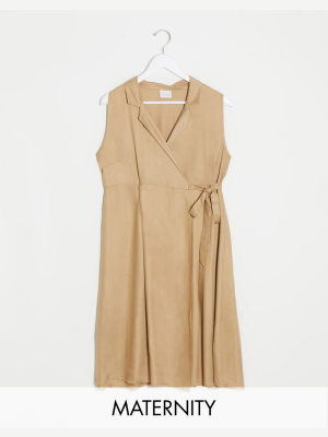 Mamalicious Maternity Midi Wrap Dress With Tie Side In Beige