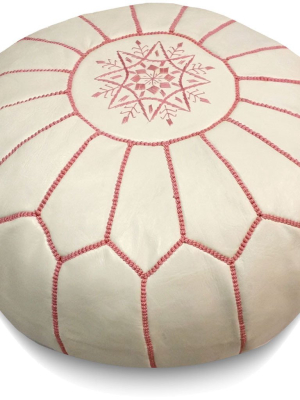 White Moroccan Pouf Pink Stitching