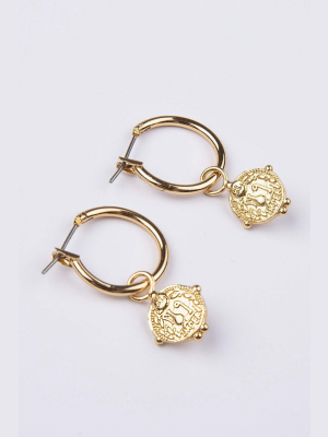 Hoop With Coin Detail Earrings In Gold