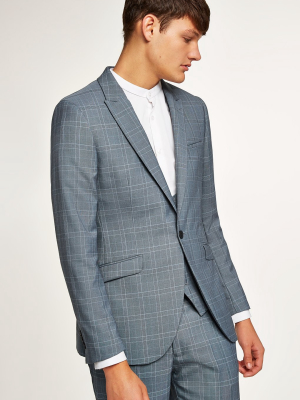 Blue Tonal Check Skinny Suit Jacket