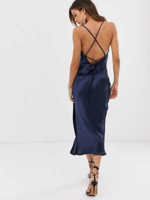 Asos Design Cami Midi Slip Dress In High Shine Satin With Lace Up Back