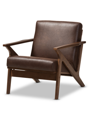 Bianca Mid Century Modern Walnut Wood Distressed Faux Leather Lounge Chair Dark Brown - Baxton Studio