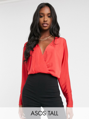 Asos Design Tall Exclusive Slinky Wrap Top In Red