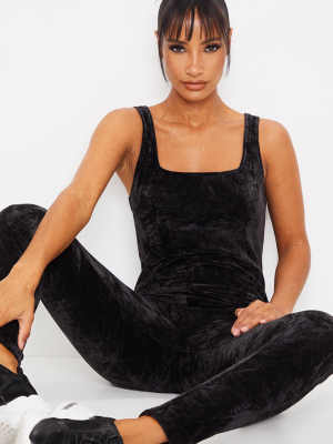 Black Ribbed Velour Square Neck Jumpsuit