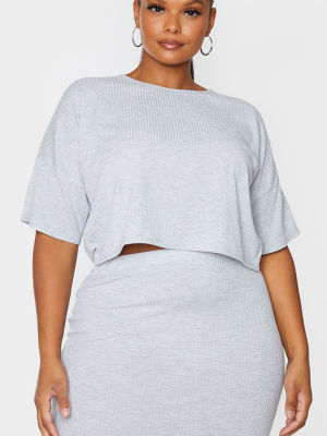 Plus Grey Soft Rib Oversized Crop T Shirt