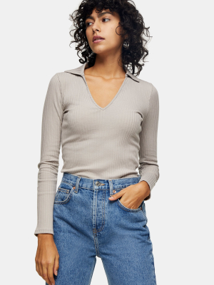 Stone Long Sleeve Ribbed Collar Top