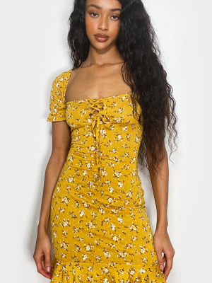 Mustard Ditsy Floral Print Frill Hem Strappy...