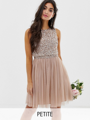 Maya Petite Bridesmaid Sleeveless Mini Tulle Dress With Tonal Delicate Sequin Overlay In Taupe Blush