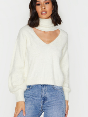 Cream Eyelash Choker Detail Wide Sleeve Sweater