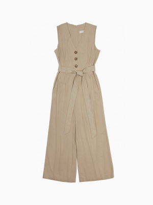 Linen Blend Button-front V-neck Belted Jumpsuit