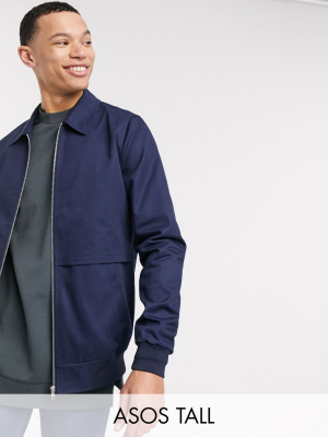 Asos Design Tall Harrington Jacket With Storm Vent In Navy