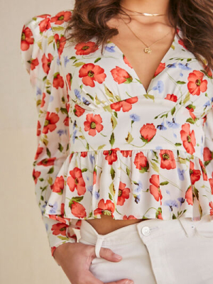 Satin Floral Puff-sleeve Top
