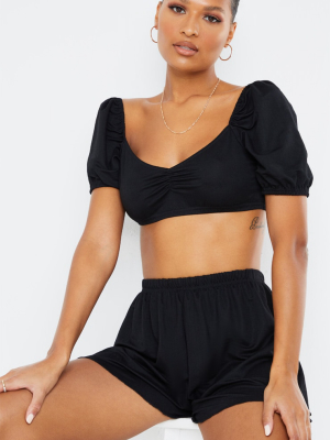 Black Puff Sleeve Linen Look Floaty Cropped...