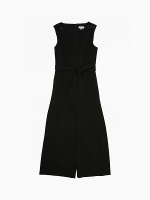 Embellished V-neck Sleeveless Belted Jumpsuit