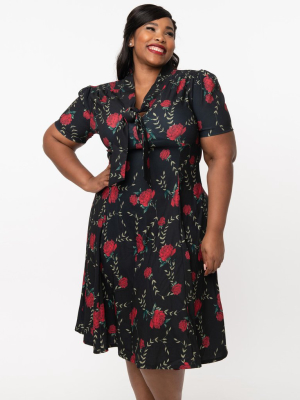 Plus Size Black & Red Rose Amara Swing Dress