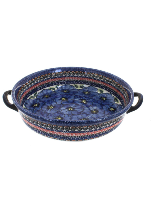 Blue Rose Polish Pottery Blue Art Round Casserole With Handles