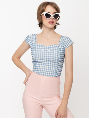 Magnolia Place Blue & White Gingham Daisy Aida Top