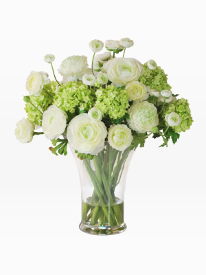 Faux Ranunculus In Vase - White & Green