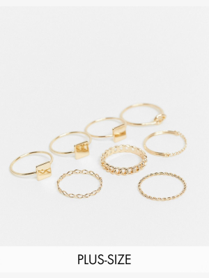 Asos Design Curve Pack Of 7 Rings In Mixed Designs In Gold Tone