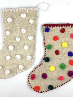 Abrazo Handwoven Artisanal Wool Stocking With Holiday Pompoms