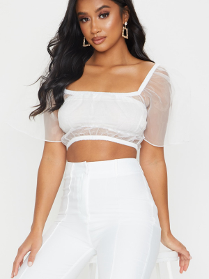 Petite White Organza Puff Sleeve Cropped Blouse