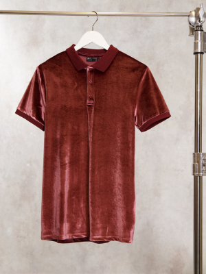 Asos Design Polo Shirt In Velour In Burgundy