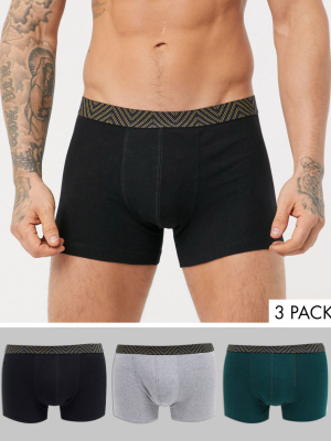 Asos Design 3 Pack Trunk In Black Green And Gray Organic Cotton With Contrast Waistband Save