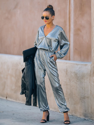 That's A Wrap Pocketed Plisse Jumpsuit - Silver - Final Sale