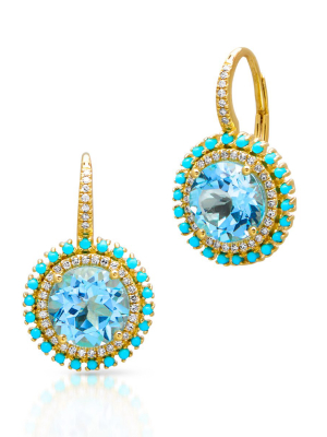 14kt Yellow Gold Blue Topaz Turquoise Diamond Round Kai Earrings