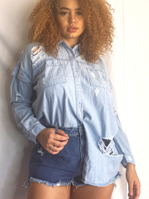 Plus Light Wash Oversized Fit Denim Shirt