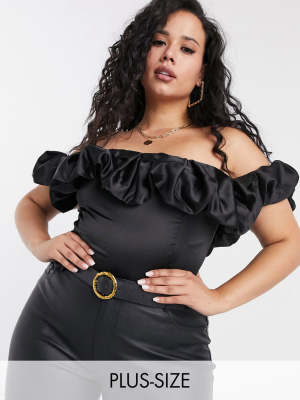 Club L London Plus Extreme Ruffle Satin Body In Black