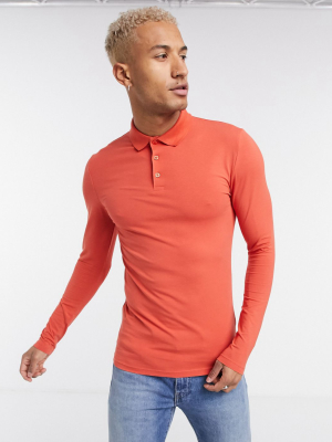 Asos Design Organic Muscle Fit Long Sleeve Jersey Polo In Red