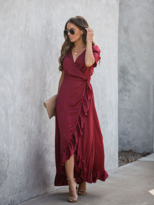 Red Carpet Ruffle Wrap High Low Maxi Dress - Maroon - Final Sale