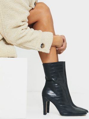 Black Pu Snake Flat Heeled Ankle Boots