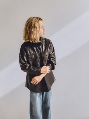 Faux Leather Long Overshirt