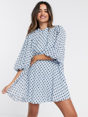 Asos Design Pleated Mini Smock Dress With Puff Sleeves In Polka Dot