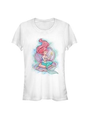 Junior's The Little Mermaid Shell Watercolor Print T-shirt