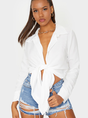 White Textured Tie Front Shirt