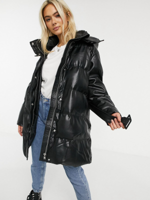 Asos Design Leather Look Belted Puffer Jacket In Black