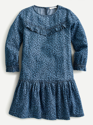 Girls' Leopard Chambray Ruffle Dress